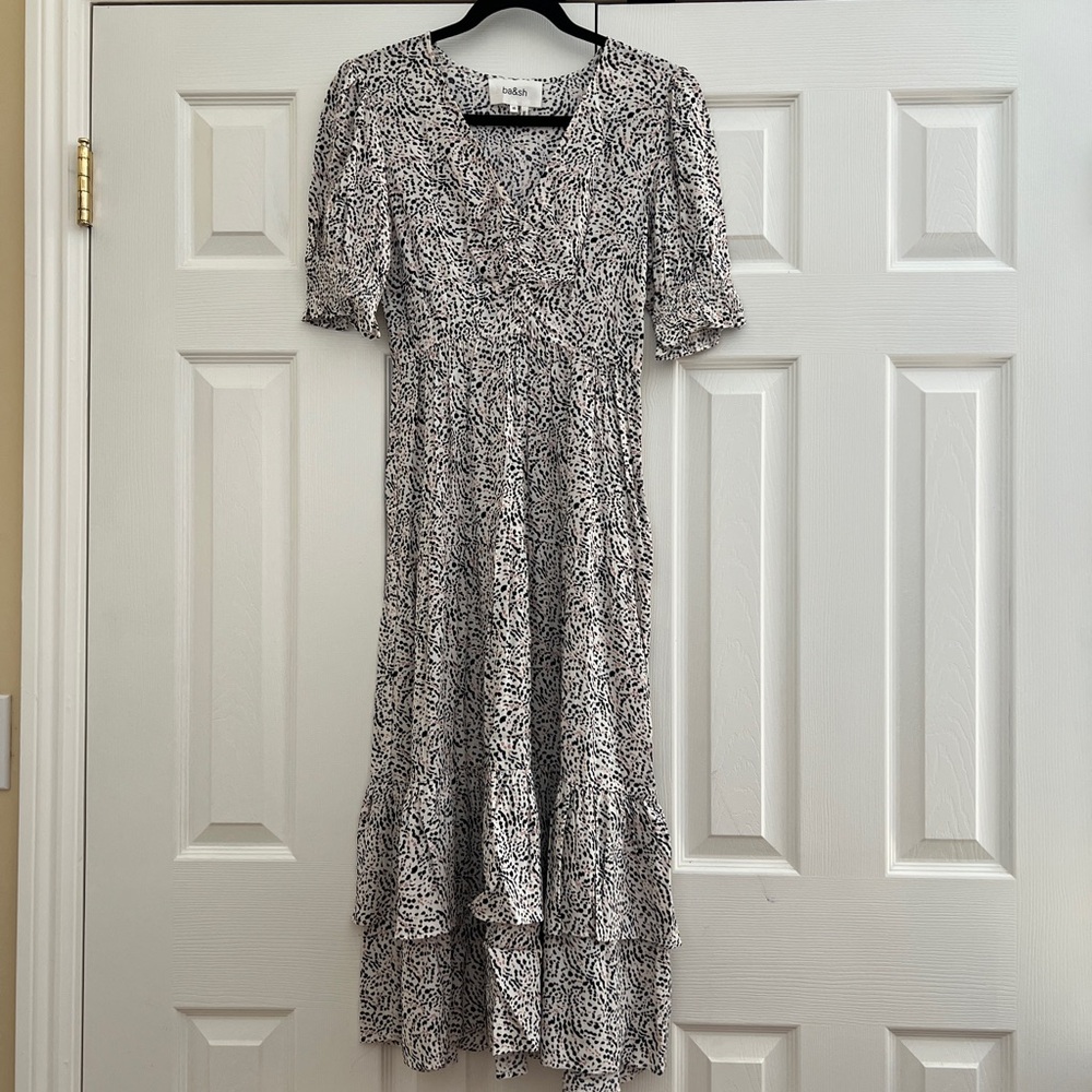 ba&sh Cream and Black Puff Sleeve V-Neck Midi Sundress